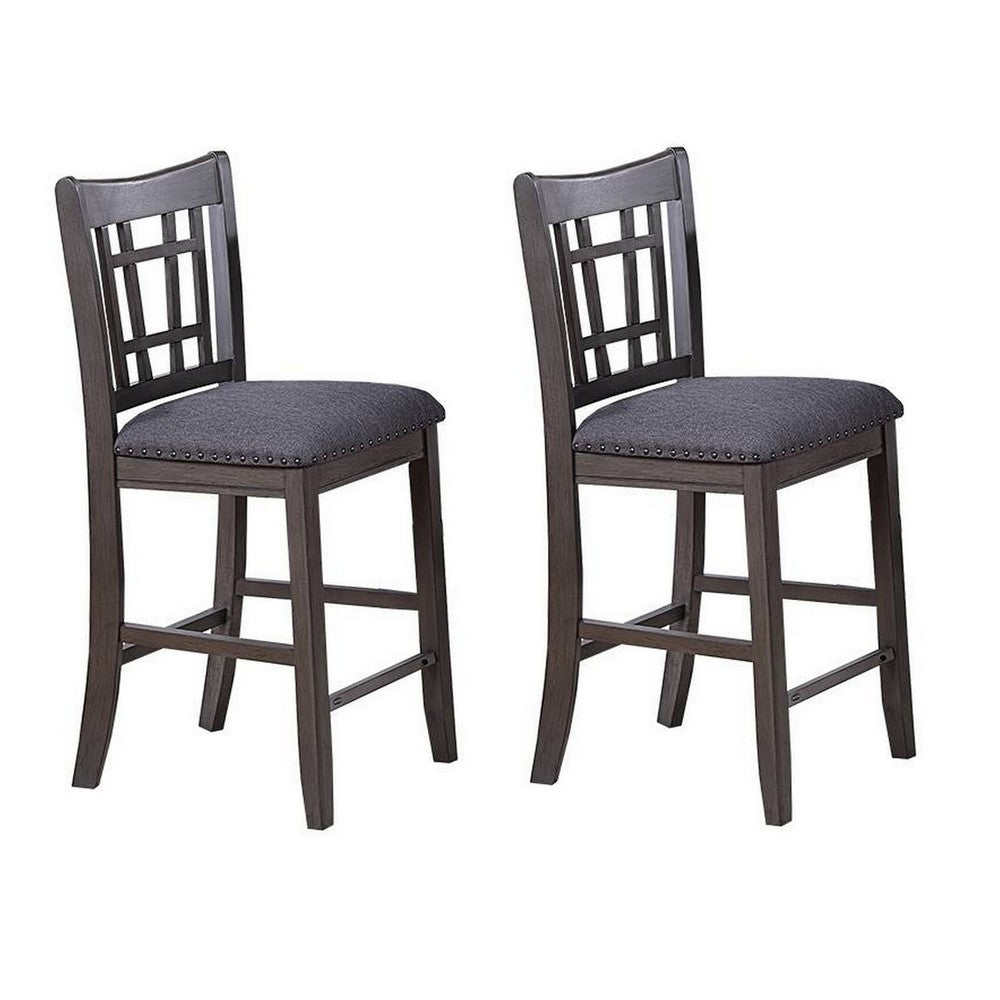 Raha Counter Height Chairs, Set of 2, Nailhead Trim, Open Square Back, Dark Gray