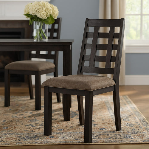 Trixy Dining Chairs, Set of 2, Open Square Back, Espresso Wood, Beige Fabric