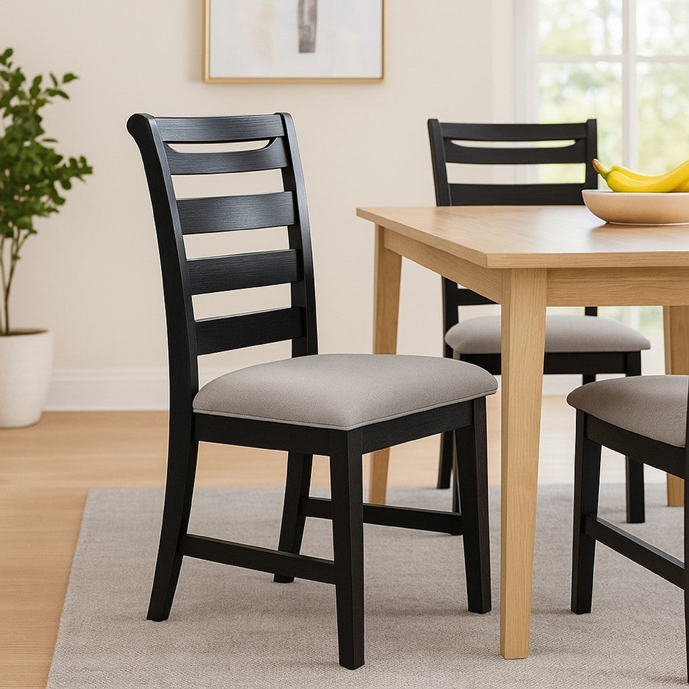 Remus Dining Chairs, Set of 2, Ladder Back, Black Rubberwood, Gray Fabric