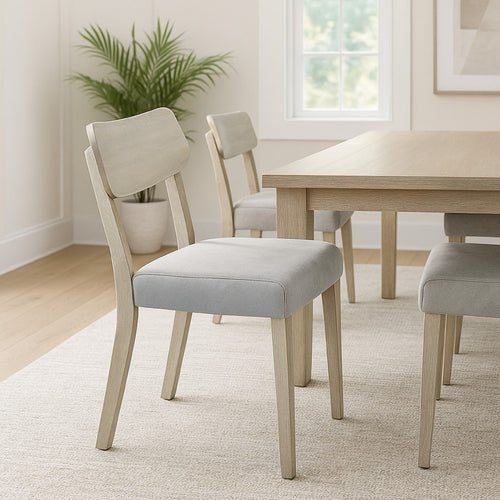 Romy Dining Chairs, Set of 2, Open Back, Natural Wood Grain, Gray Fabric