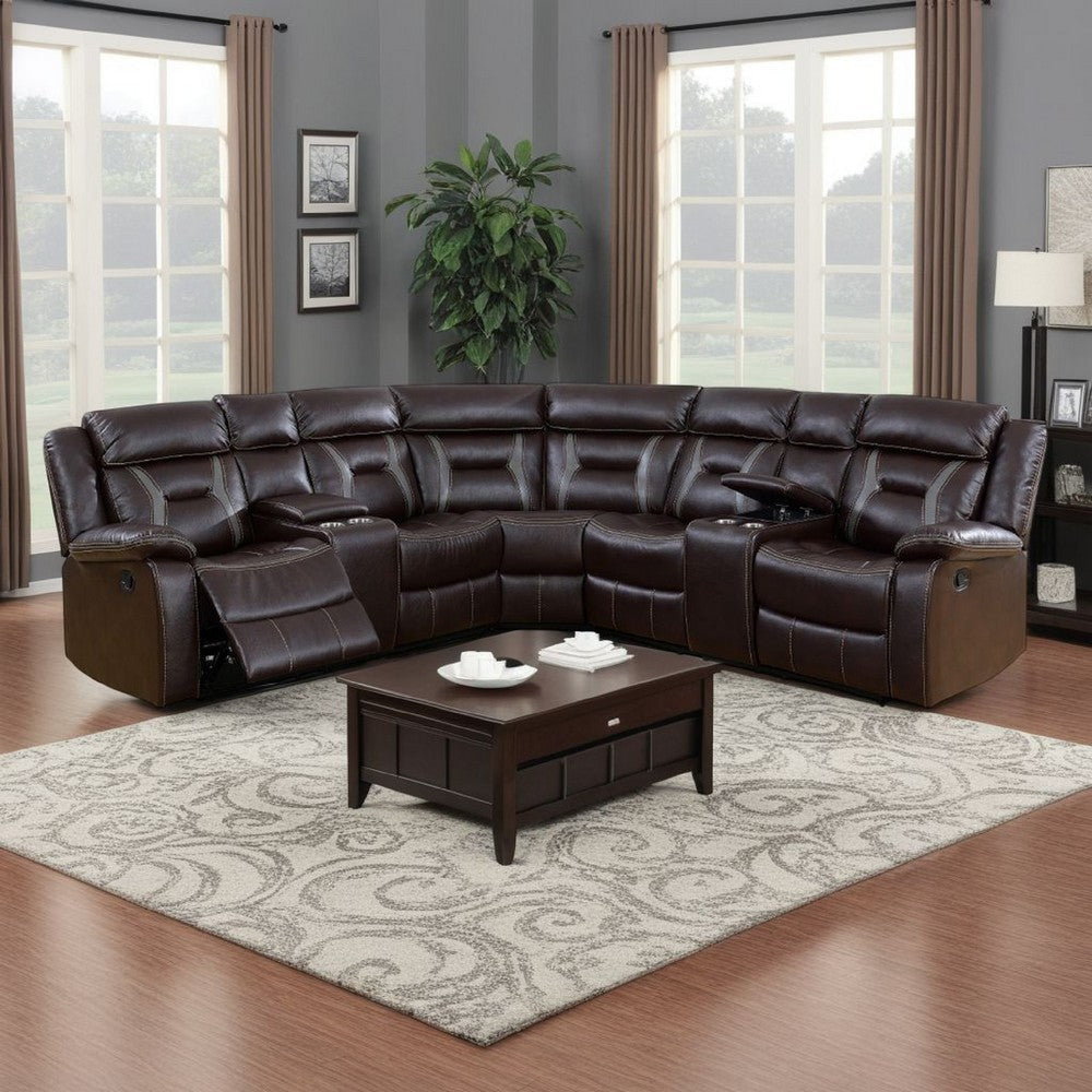 3pc Sectional Motion Power Recliner Sofa Set, Dark Brown Faux Leather
