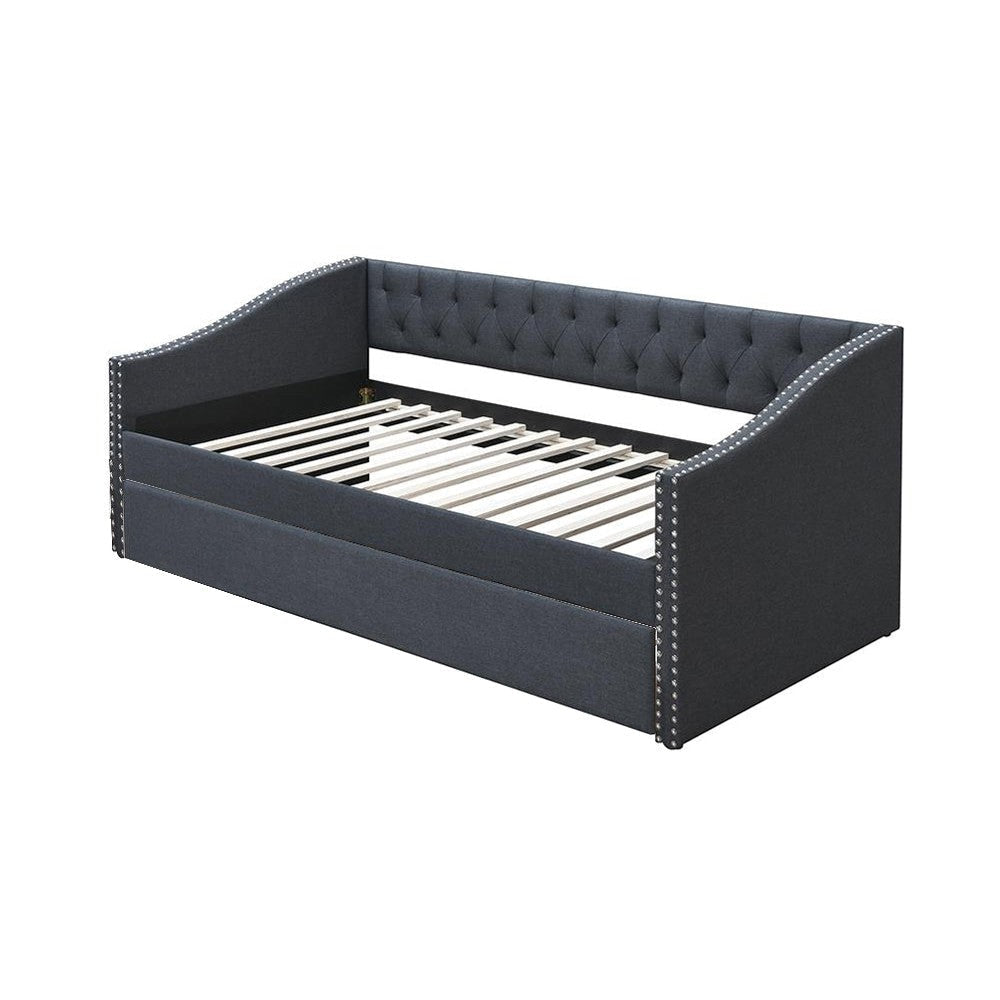 Daybed Sofa w Slats n Trundle Bed Nailhead Trim Charcoal Gray Fabric BM326155