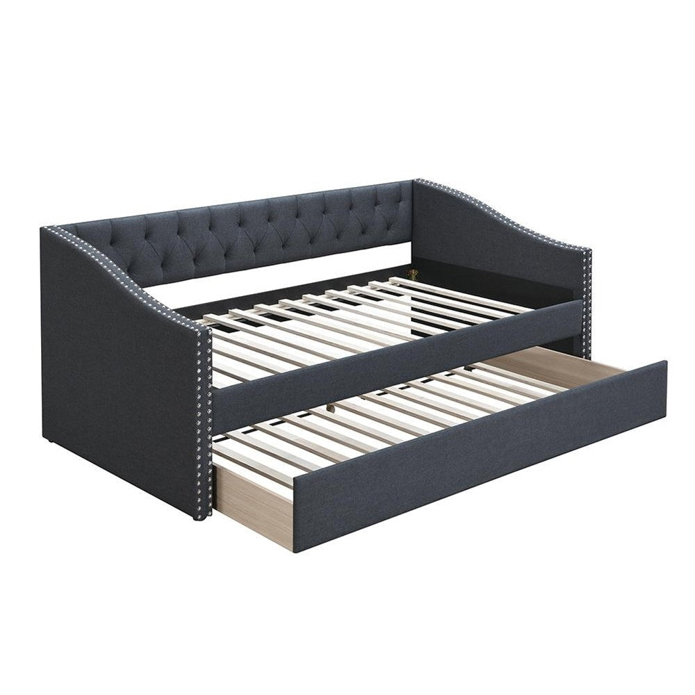 Daybed Sofa w Slats n Trundle Bed Nailhead Trim Charcoal Gray Fabric BM326155