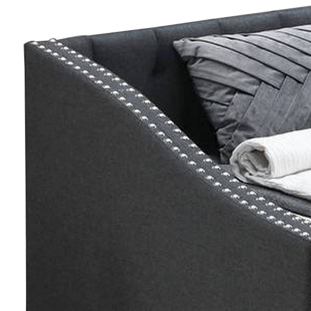 Daybed Sofa w Slats n Trundle Bed Nailhead Trim Charcoal Gray Fabric BM326155