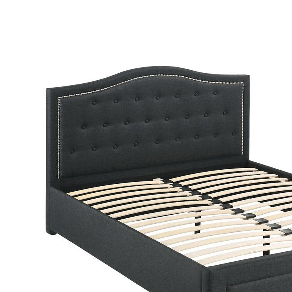 Sey Queen Size Bed w Storage Drawers Dark Gray Upholstered Headboard