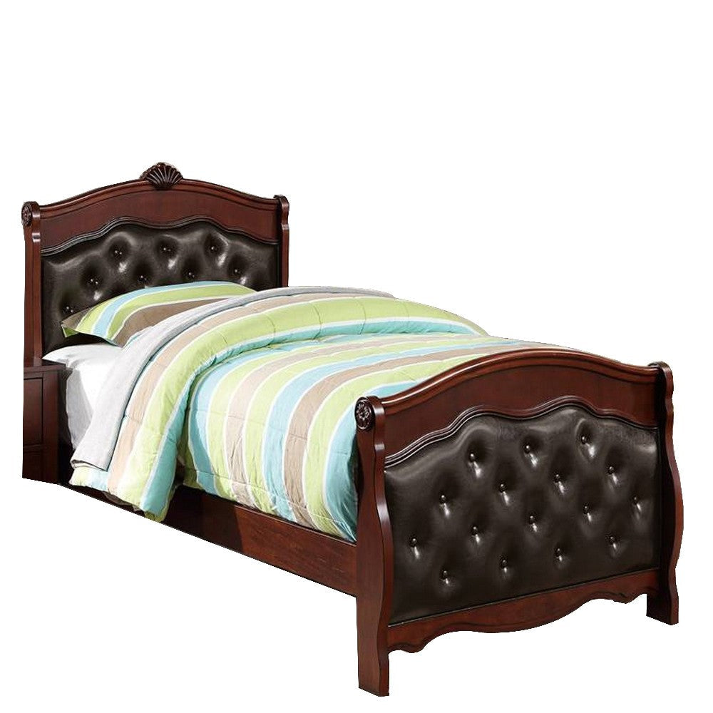 Jeny Twin Bed, Tufted Camelback, Cherry Brown, Faux Leather Upholstery