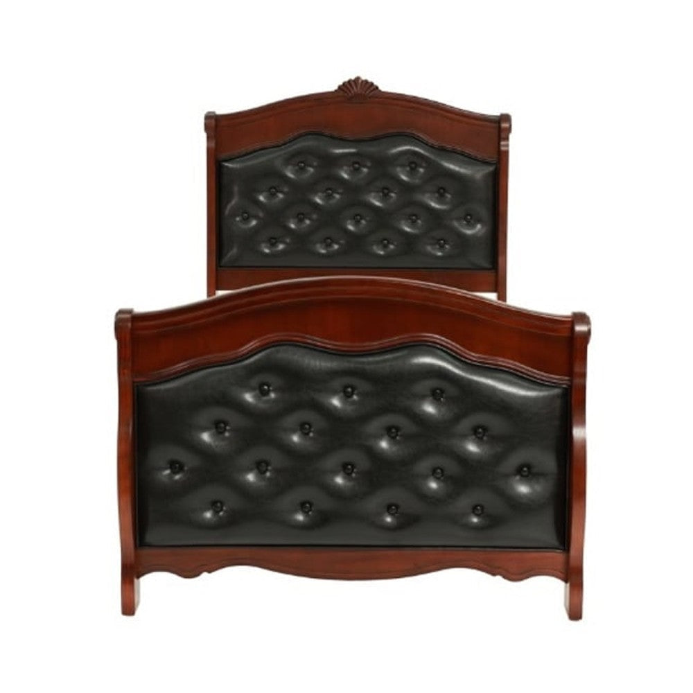 Jeny Twin Bed Tufted Camelback Cherry Brown Faux Leather Upholstery