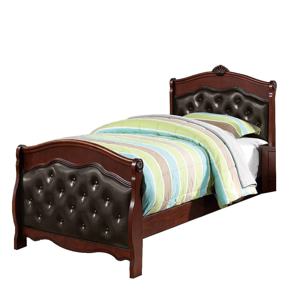 Jeny Twin Bed Tufted Camelback Cherry Brown Faux Leather Upholstery