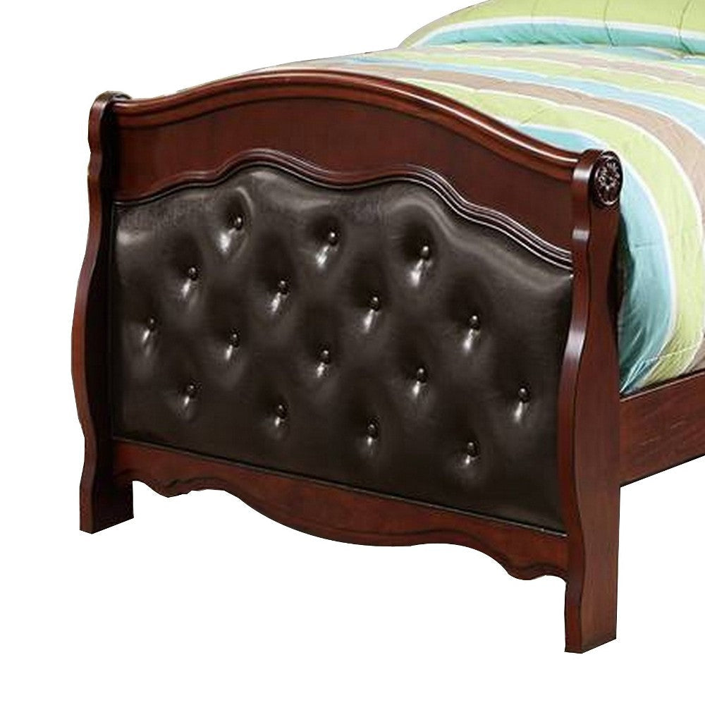 Jeny Twin Bed Tufted Camelback Cherry Brown Faux Leather Upholstery