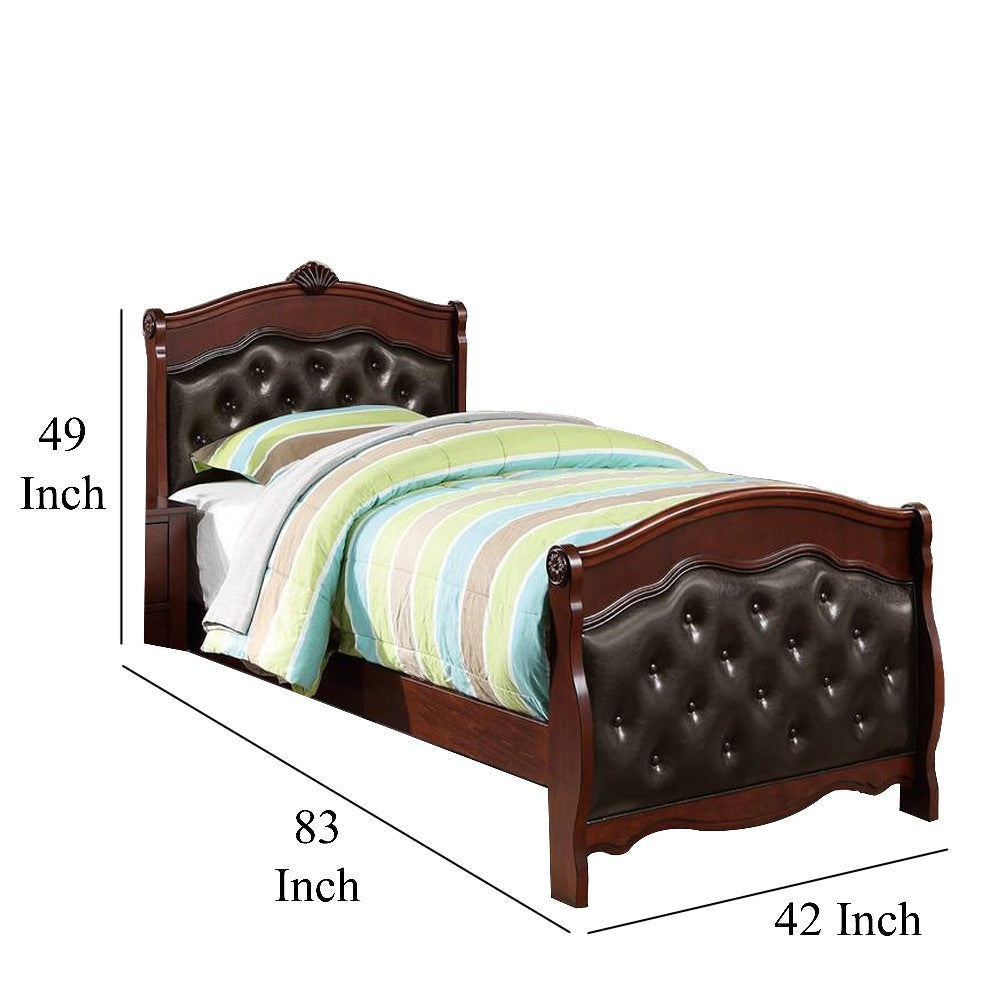 Jeny Twin Bed Tufted Camelback Cherry Brown Faux Leather Upholstery
