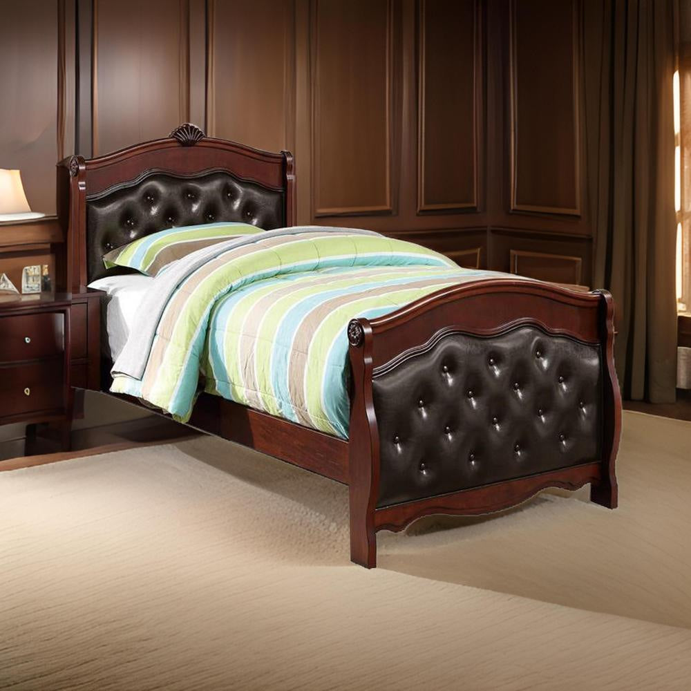 Jeny Twin Bed, Tufted Camelback, Cherry Brown, Faux Leather Upholstery