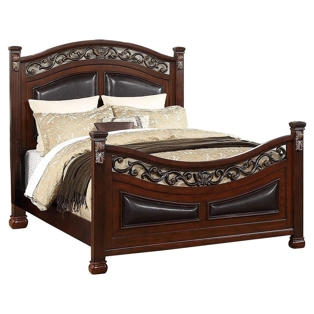 Meo Queen Size Bed Padded Carved Dark Brown Faux Leather Upholstered