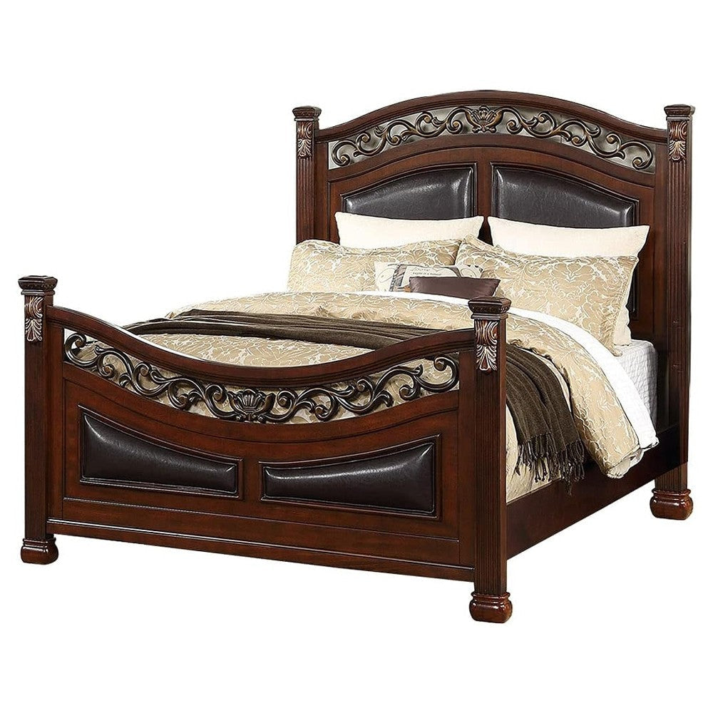 Meo Queen Size Bed Padded Carved Dark Brown Faux Leather Upholstered