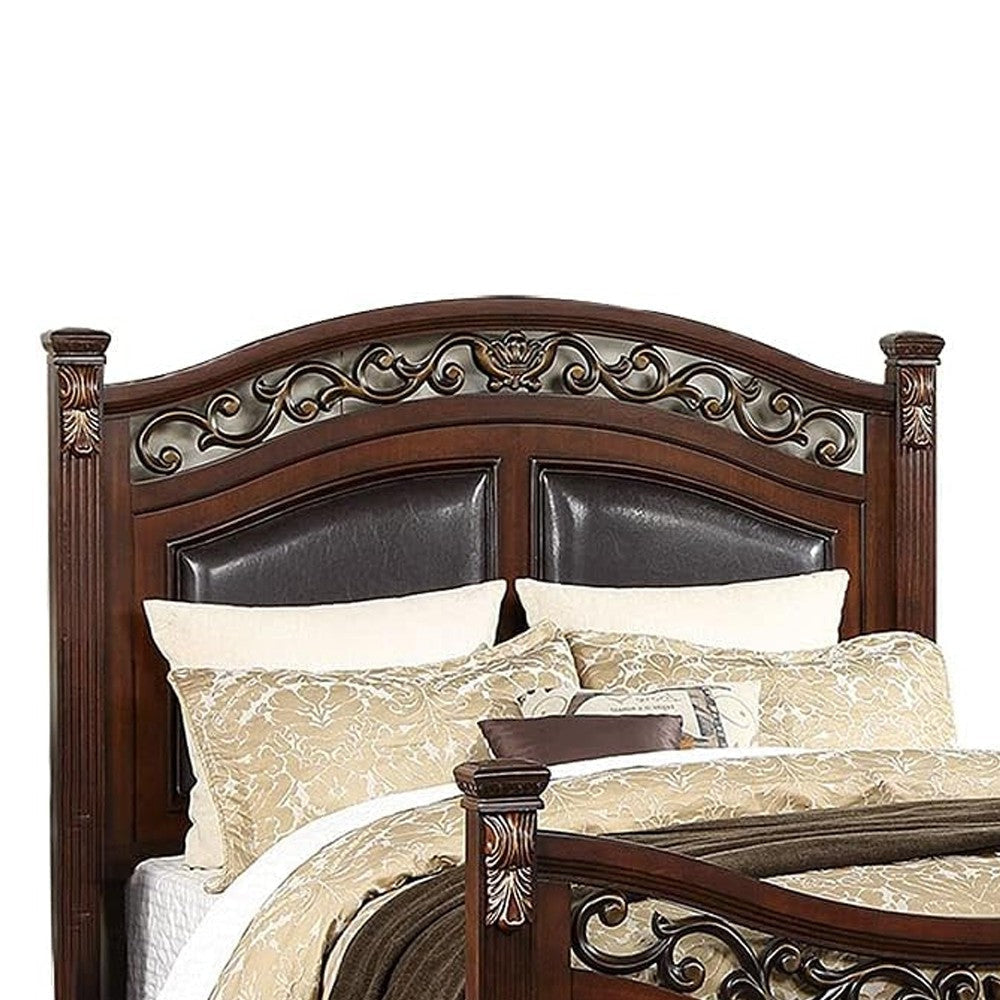 Meo Queen Size Bed Padded Carved Dark Brown Faux Leather Upholstered