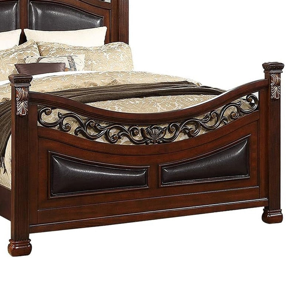 Meo Queen Size Bed Padded Carved Dark Brown Faux Leather Upholstered