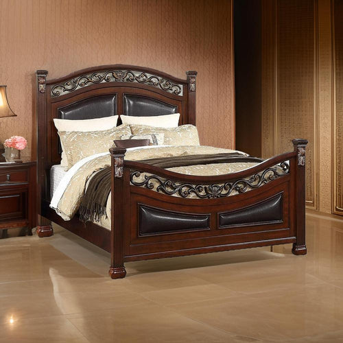 Meo Queen Size Bed, Padded Carved Dark Brown Faux Leather Upholstered