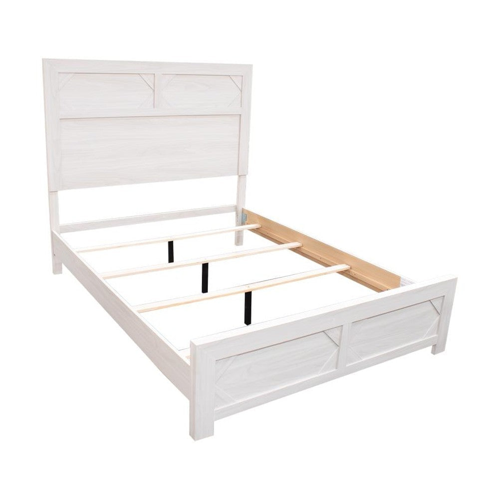 Modern Queen Size Bed, High Headboard w Low Footboard, Whitewash Wood