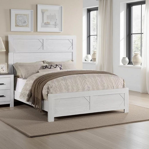 Modern Queen Size Bed, High Headboard w Low Footboard, Whitewash Wood