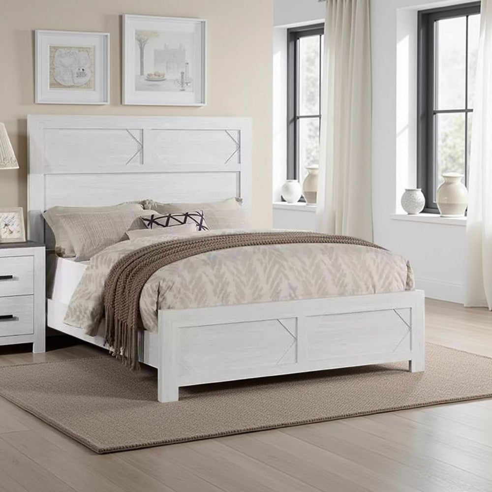 Modern Queen Size Bed, High Headboard w Low Footboard, Whitewash Wood