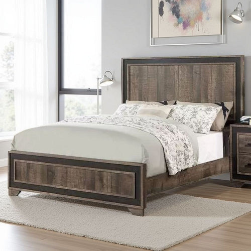 Modern Queen Size Bed w Tall Panel Headboard, Rustic Oak Brown Wood