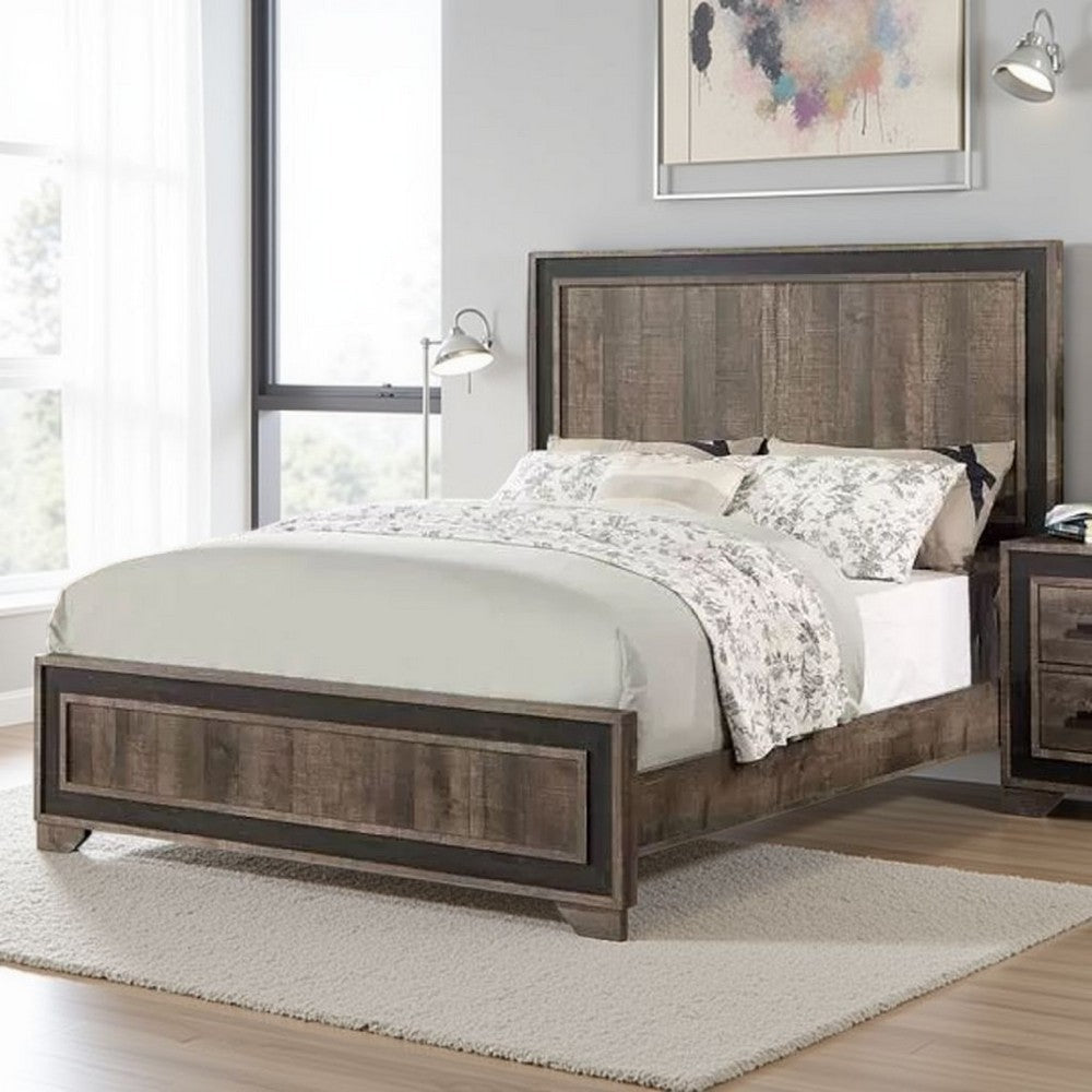 Modern Queen Size Bed w Tall Panel Headboard, Rustic Oak Brown Wood