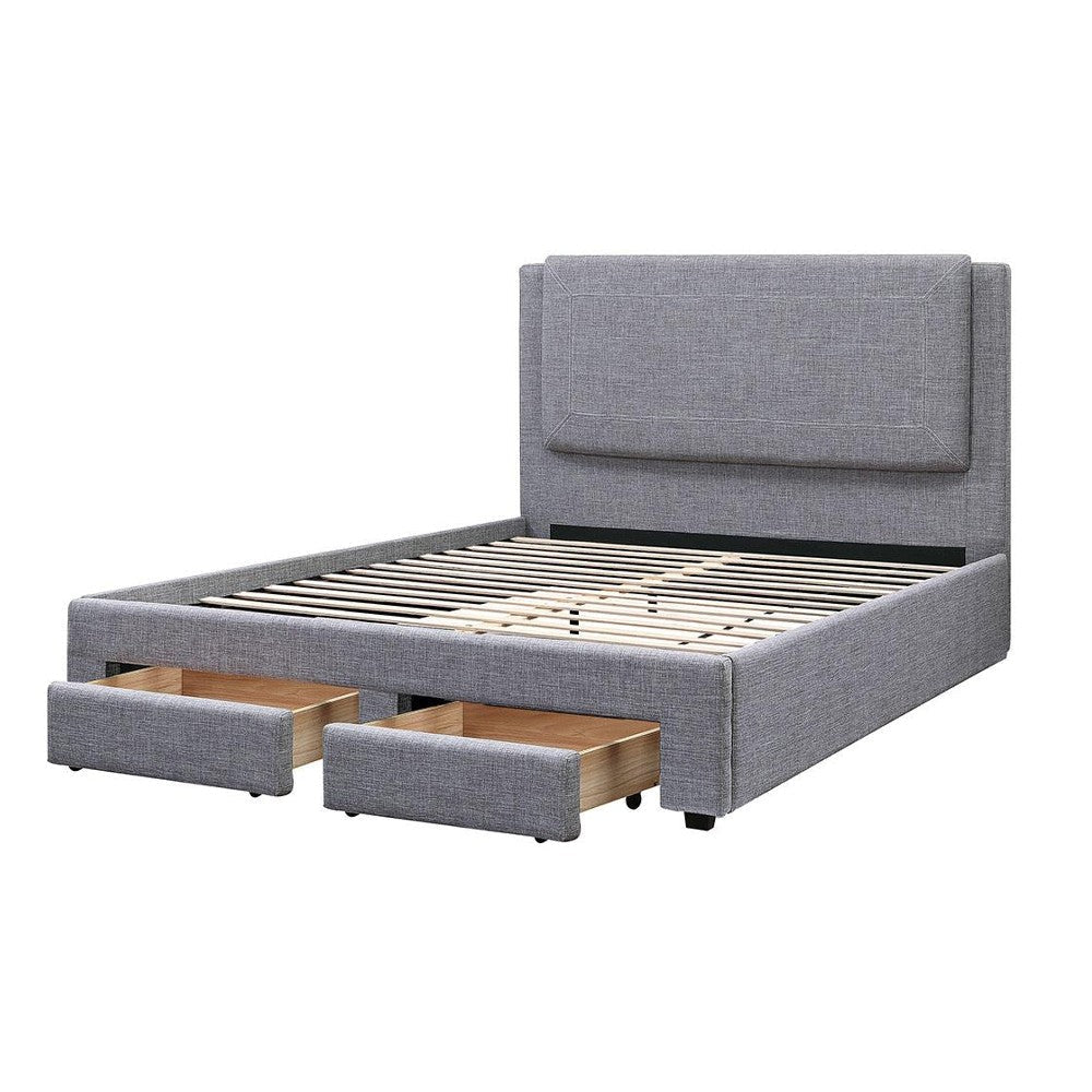 Fina Full Size Bed w Storage Footboard Gray Faux Linen Upholstery