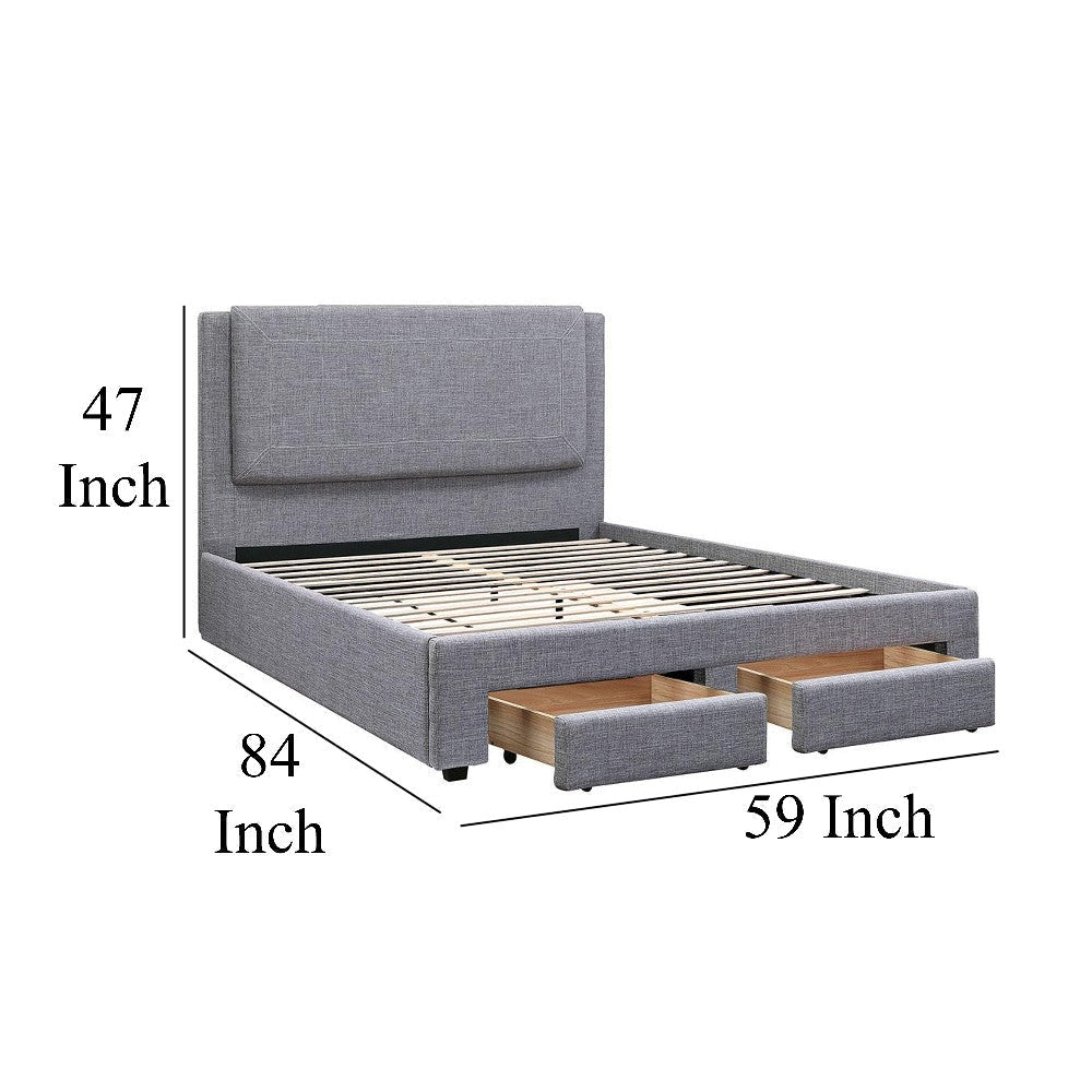 Fina Full Size Bed w Storage Footboard Gray Faux Linen Upholstery
