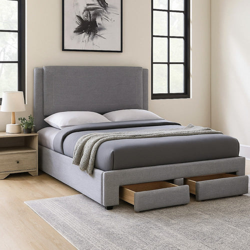 Fina Full Size Bed w Storage Footboard, Gray Faux Linen Upholstery