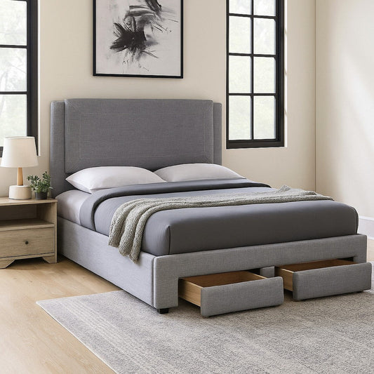 Fina Full Size Bed w Storage Footboard, Gray Faux Linen Upholstery