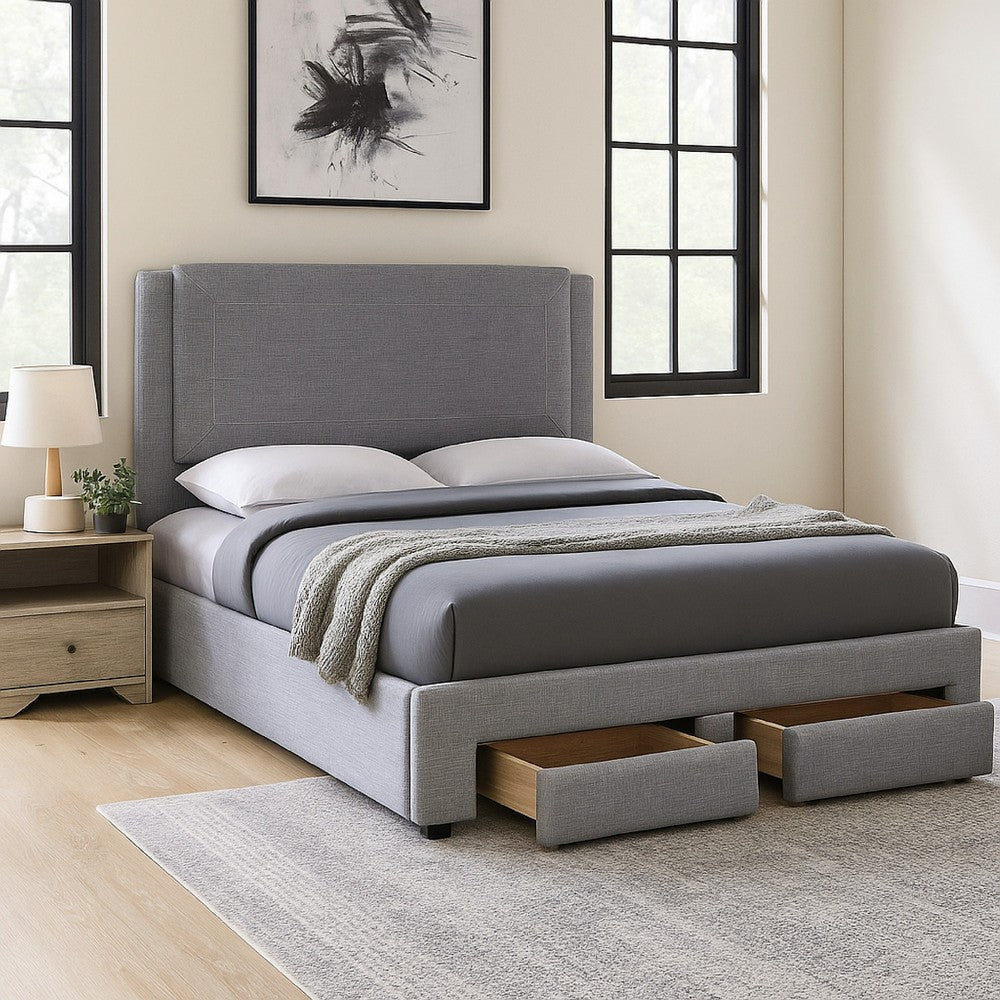 Fina Full Size Bed w Storage Footboard, Gray Faux Linen Upholstery