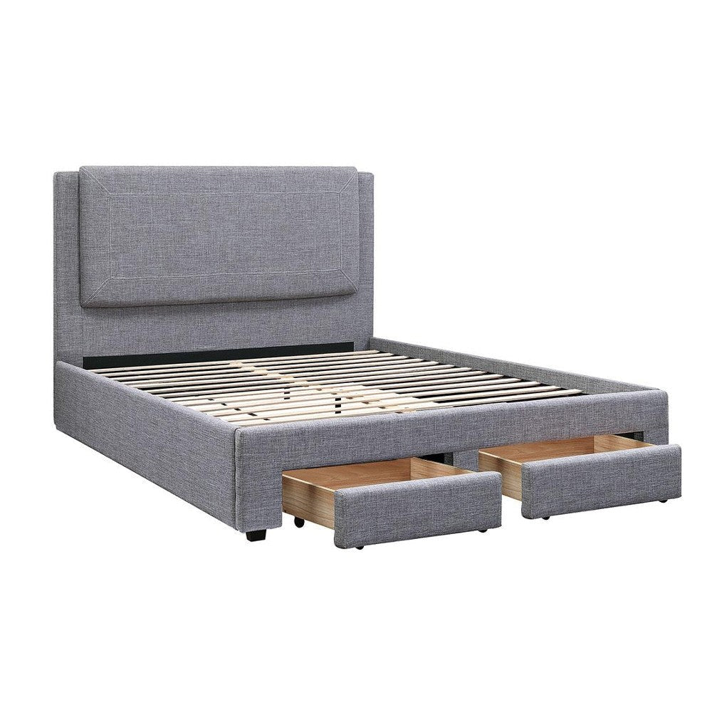Fina Queen Size Bed w Storage Footboard, Gray Faux Linen Upholstery
