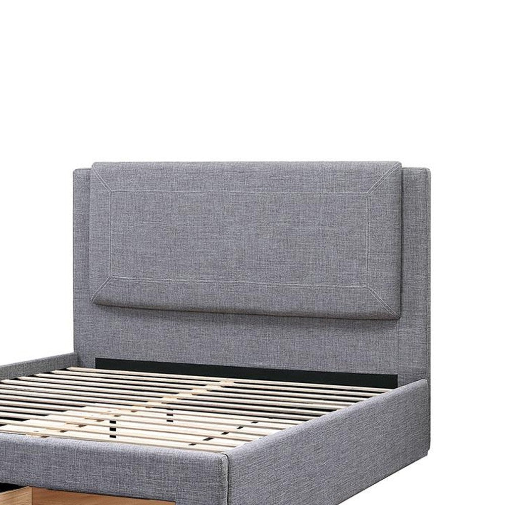 Fina Queen Size Bed w Storage Footboard Gray Faux Linen Upholstery