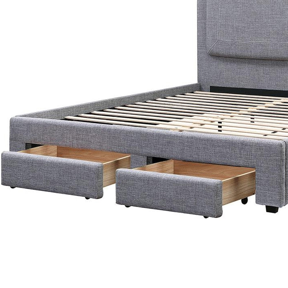 Fina Queen Size Bed w Storage Footboard Gray Faux Linen Upholstery