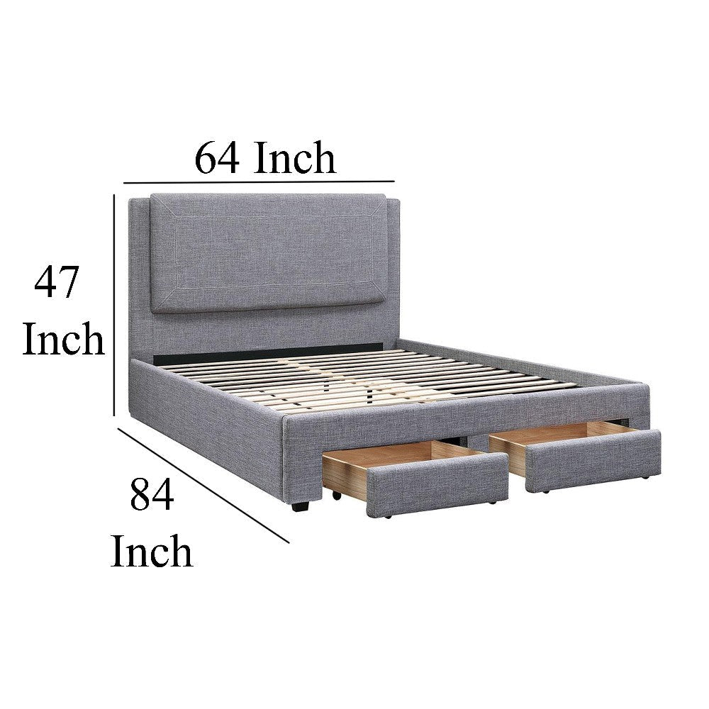 Fina Queen Size Bed w Storage Footboard Gray Faux Linen Upholstery