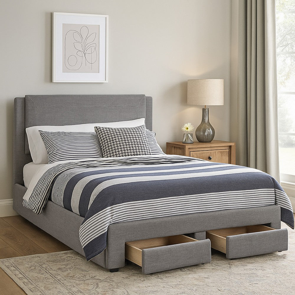 Fina Queen Size Bed w Storage Footboard, Gray Faux Linen Upholstery