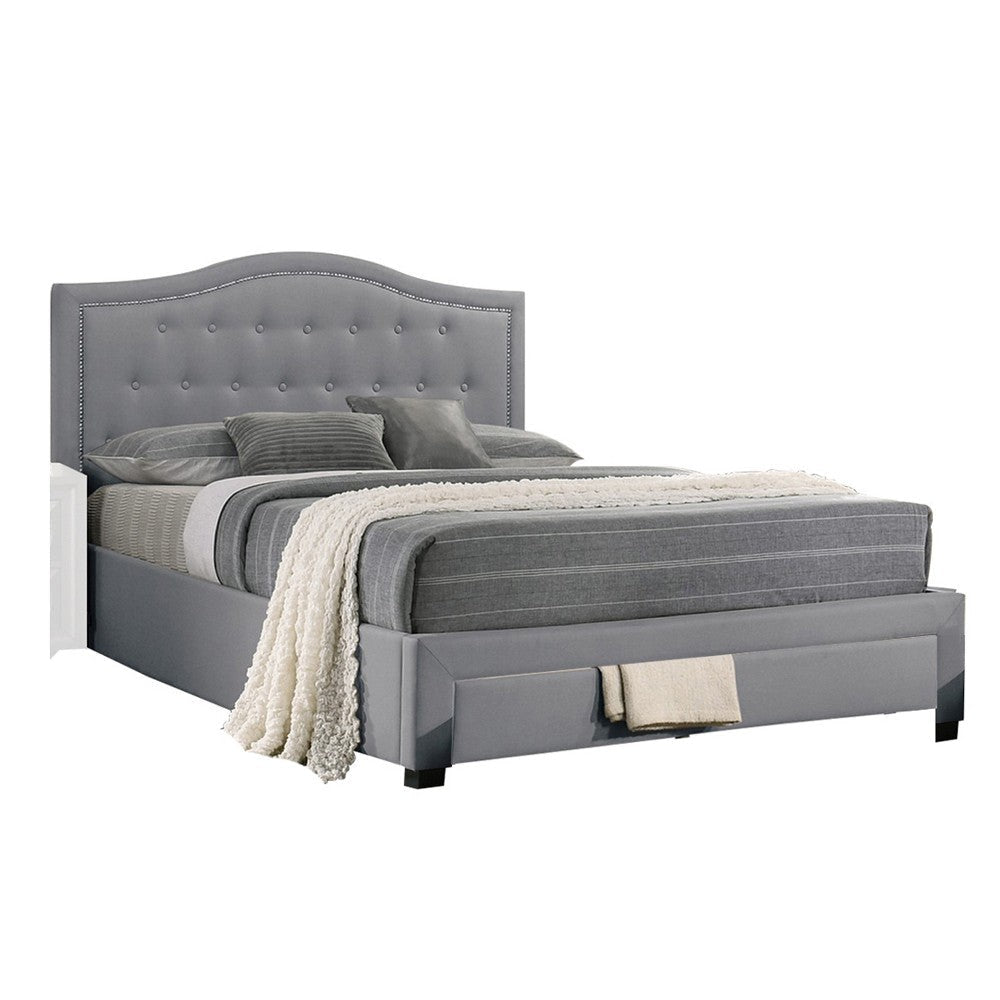 Sey California King Bed w Storage Drawer Light Gray Burlap Upholstery