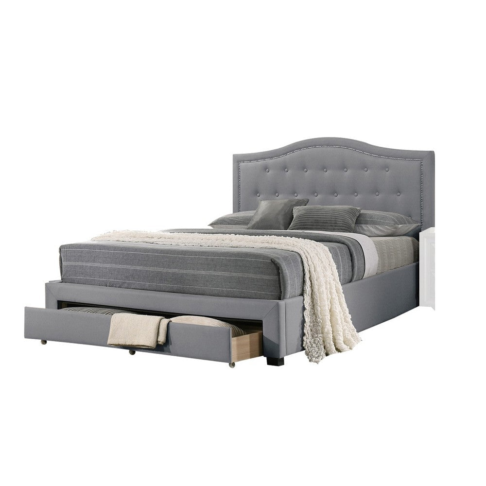 Sey California King Bed w Storage Drawer Light Gray Burlap Upholstery