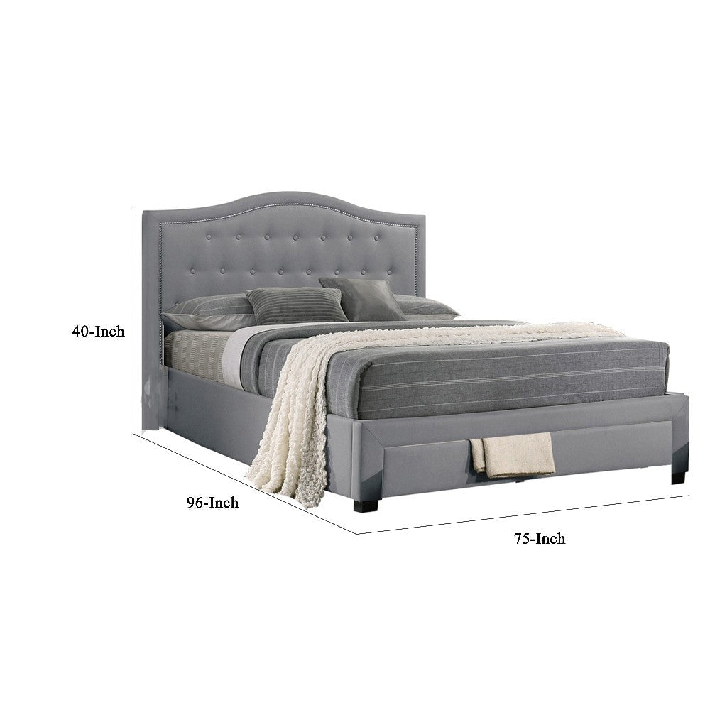 Sey California King Bed w Storage Drawer Light Gray Burlap Upholstery