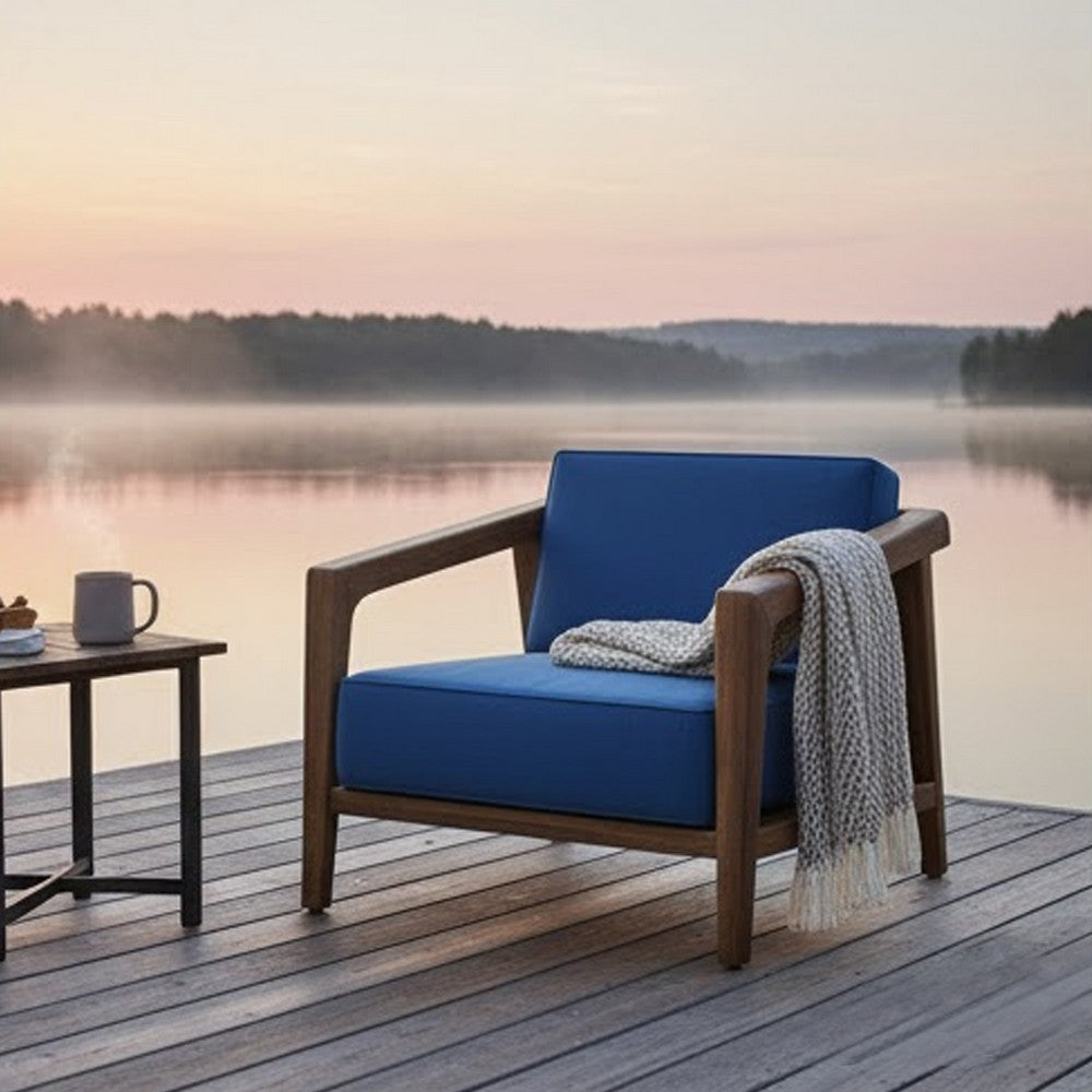 Nea Outdoor Accent Club Chair Set of 2, Dark Blue, Natural Brown Wood