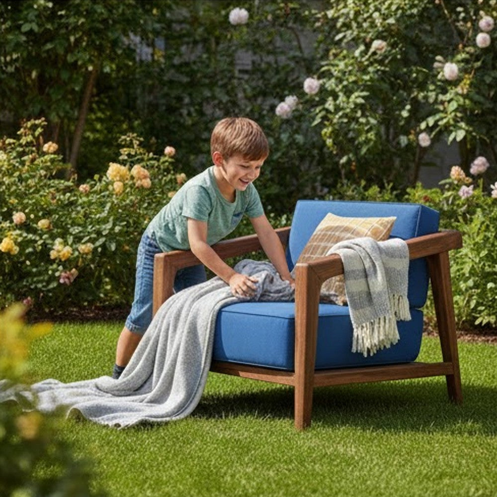 Nea Outdoor Accent Club Chair Set of 2, Dark Blue, Natural Brown Wood