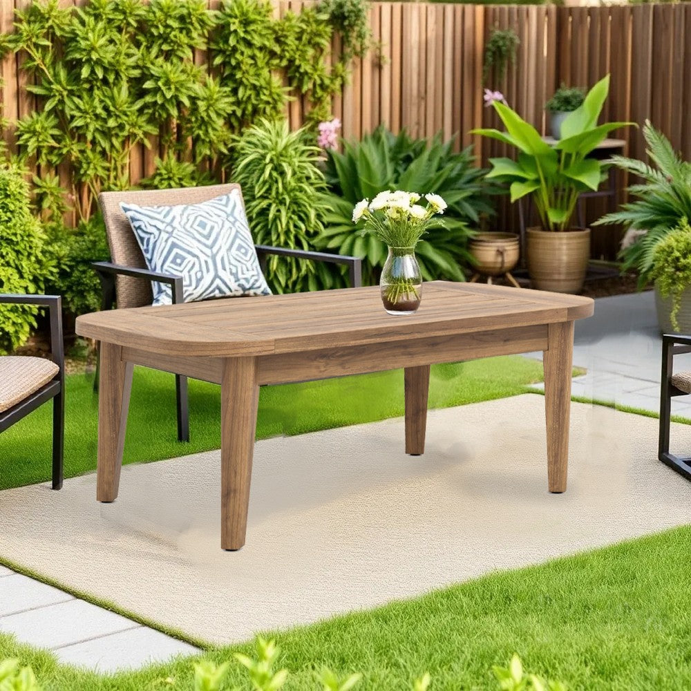 Nea Outdoor Coffee Table, 38 Inch Rectangular Natural Brown Wood Top