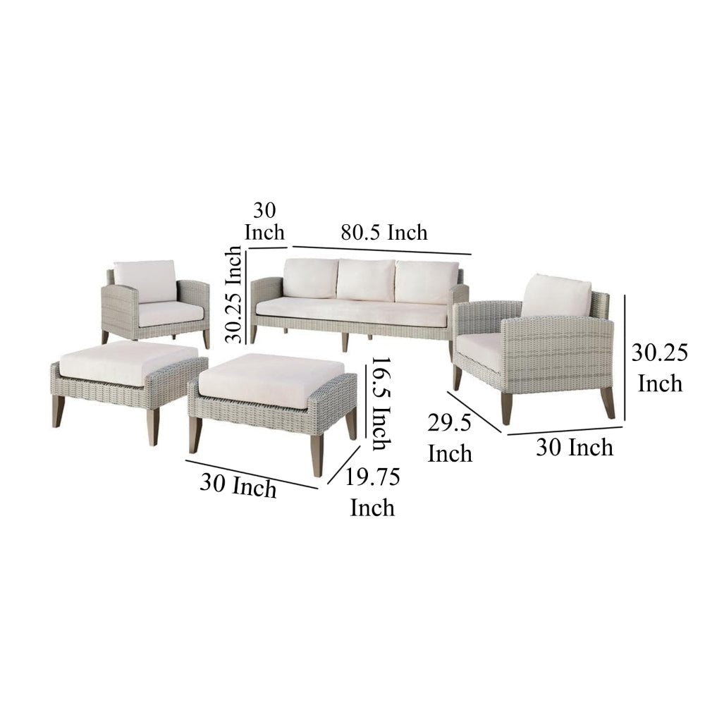 Azy 5pc Outdoor Sofa Set w Stools and Chairs Woven Gray Frame Taupe BM326196
