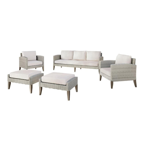 Azy 5pc Outdoor Sofa Set w Stools and Chairs, Woven Gray Frame, Taupe