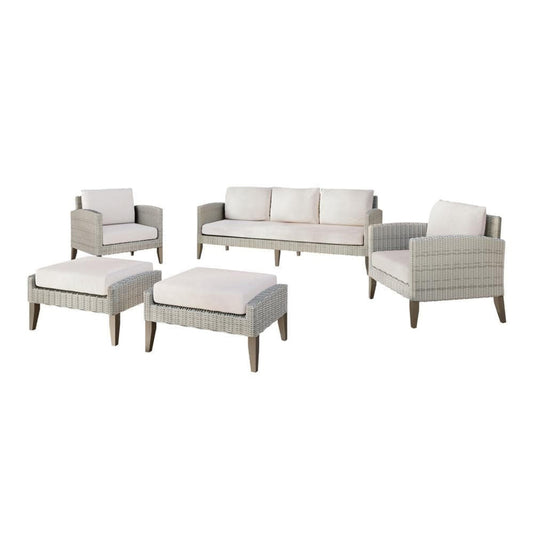 Azy 5pc Outdoor Sofa Set w Stools and Chairs, Woven Gray Frame, Taupe