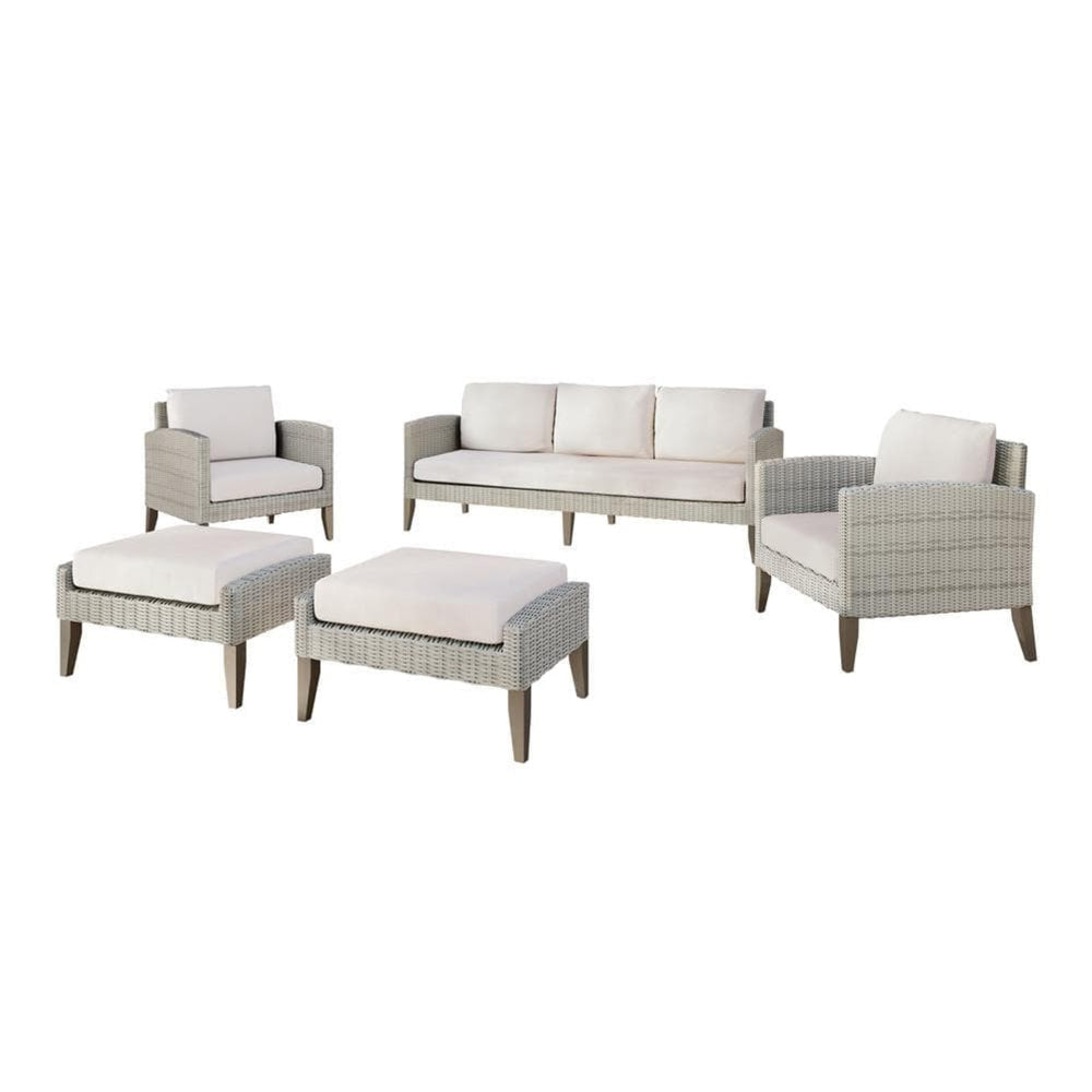 Azy 5pc Outdoor Sofa Set w Stools and Chairs, Woven Gray Frame, Taupe