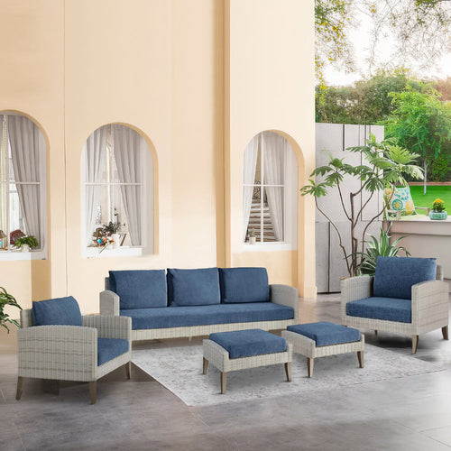 Azy 5pc Outdoor Sofa Set w Stools and Chairs, Woven Gray Frame, Blue