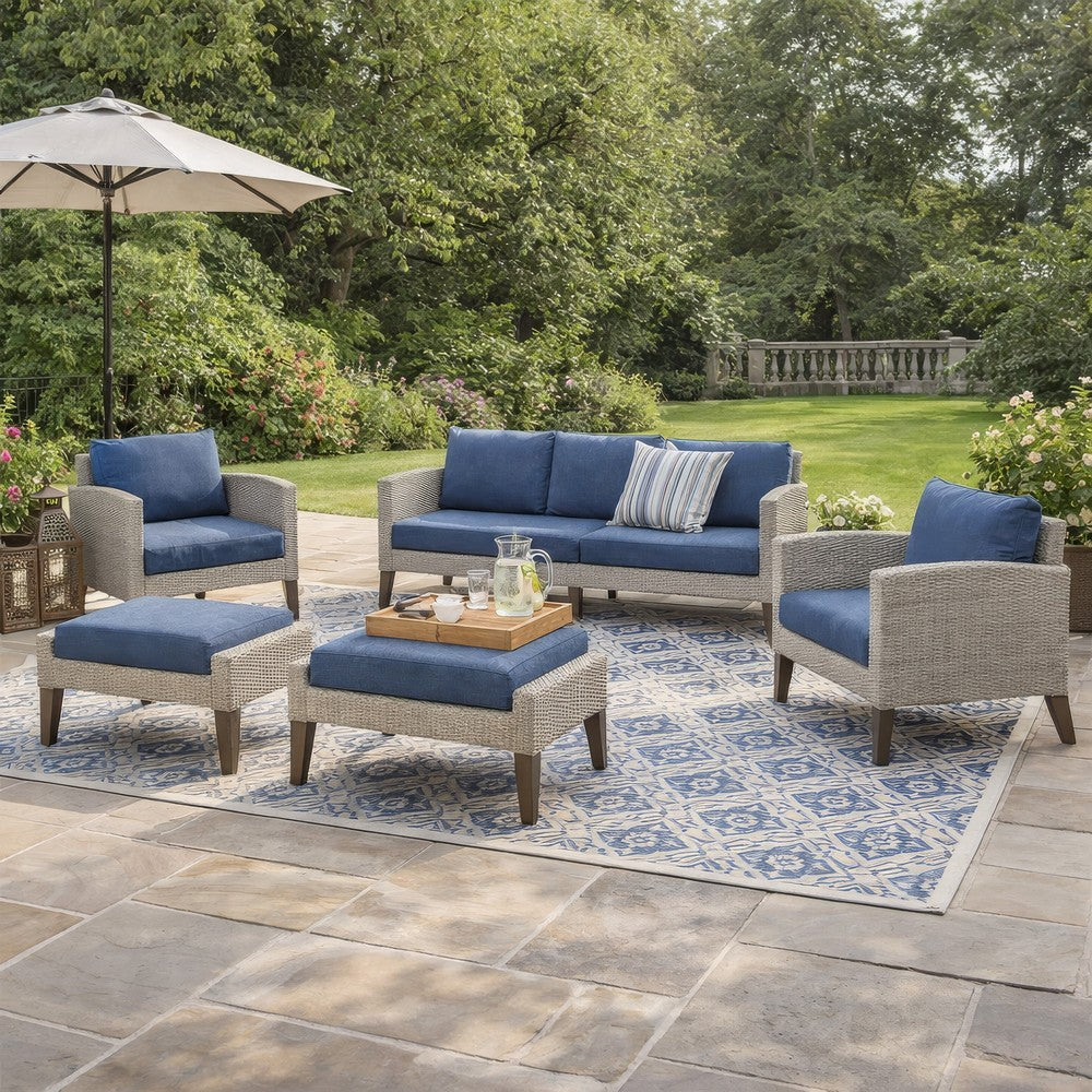 Azy 5pc Outdoor Sofa Set w Stools and Chairs, Woven Gray Frame, Blue