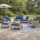 Azy 5pc Outdoor Sofa Set w Stools and Chairs, Woven Gray Frame, Blue