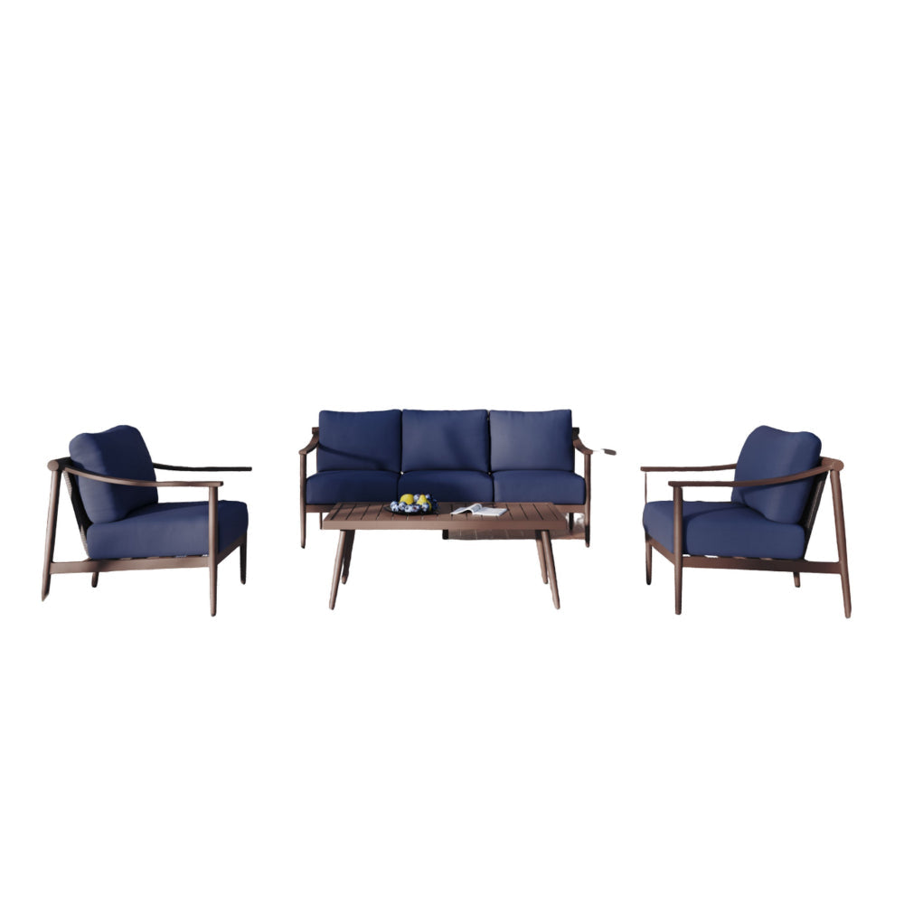 Fena 4pc Outdoor Sofa, 2 Chairs, and Coffee Table Set, Blue Cushions