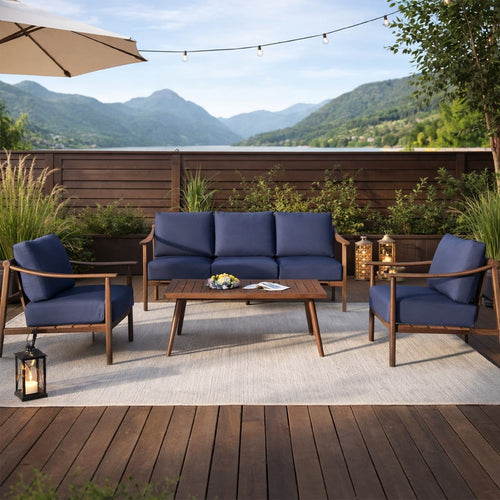 Fena 4pc Outdoor Sofa, 2 Chairs, and Coffee Table Set, Blue Cushions